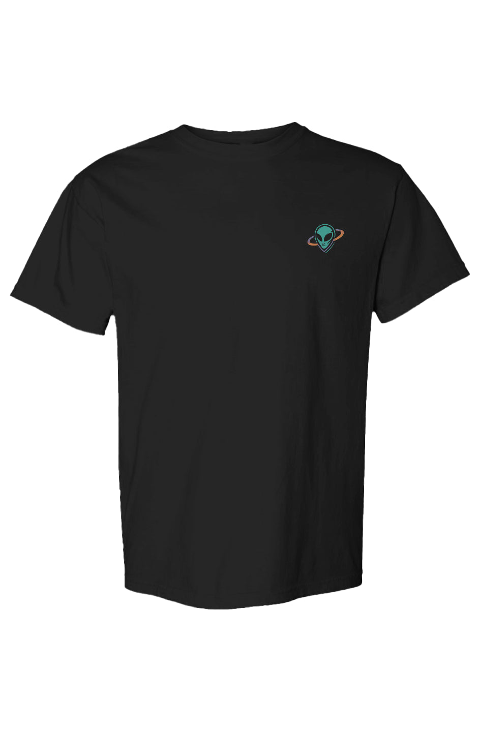 Black t-shirt with a small alien head in orbit ring logo on the chest against a white background