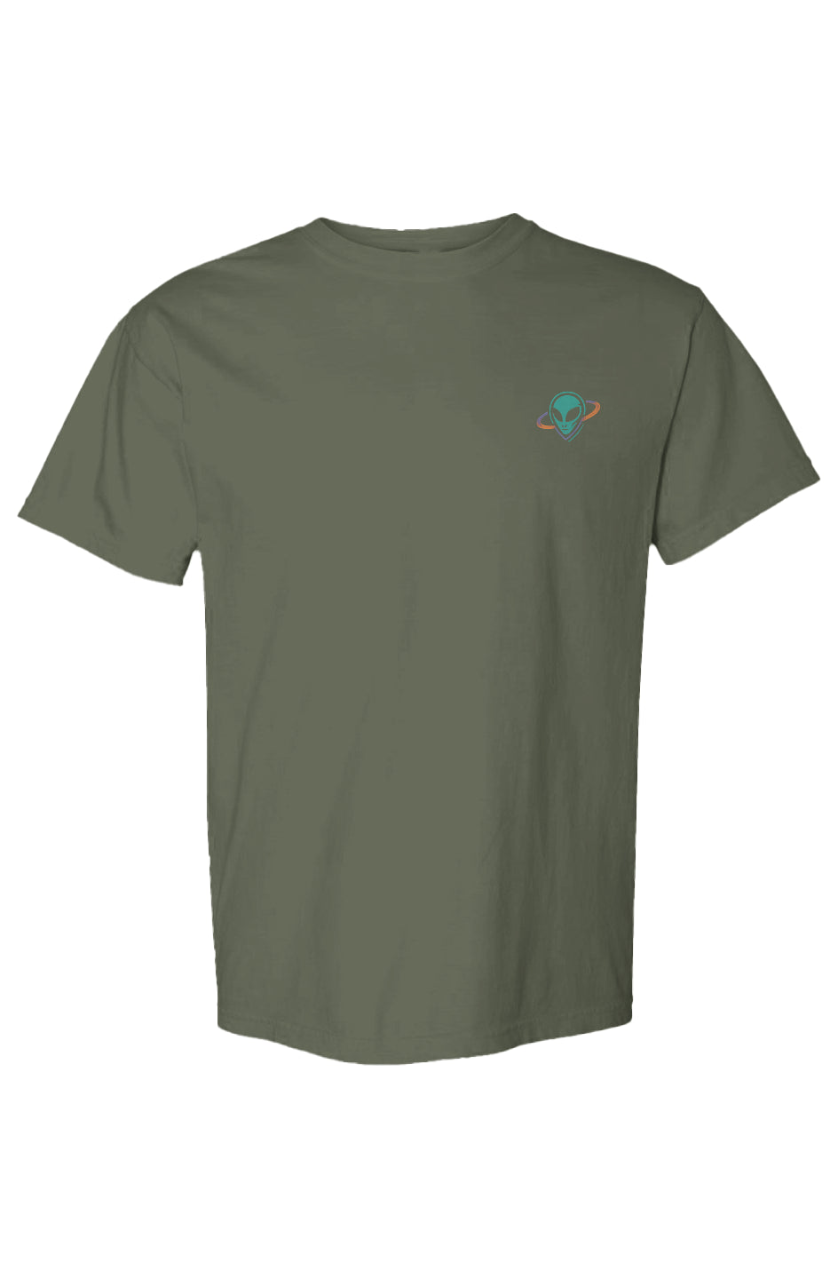 Green t-shirt with a small alien head in orbit ring logo on the chest against a white background