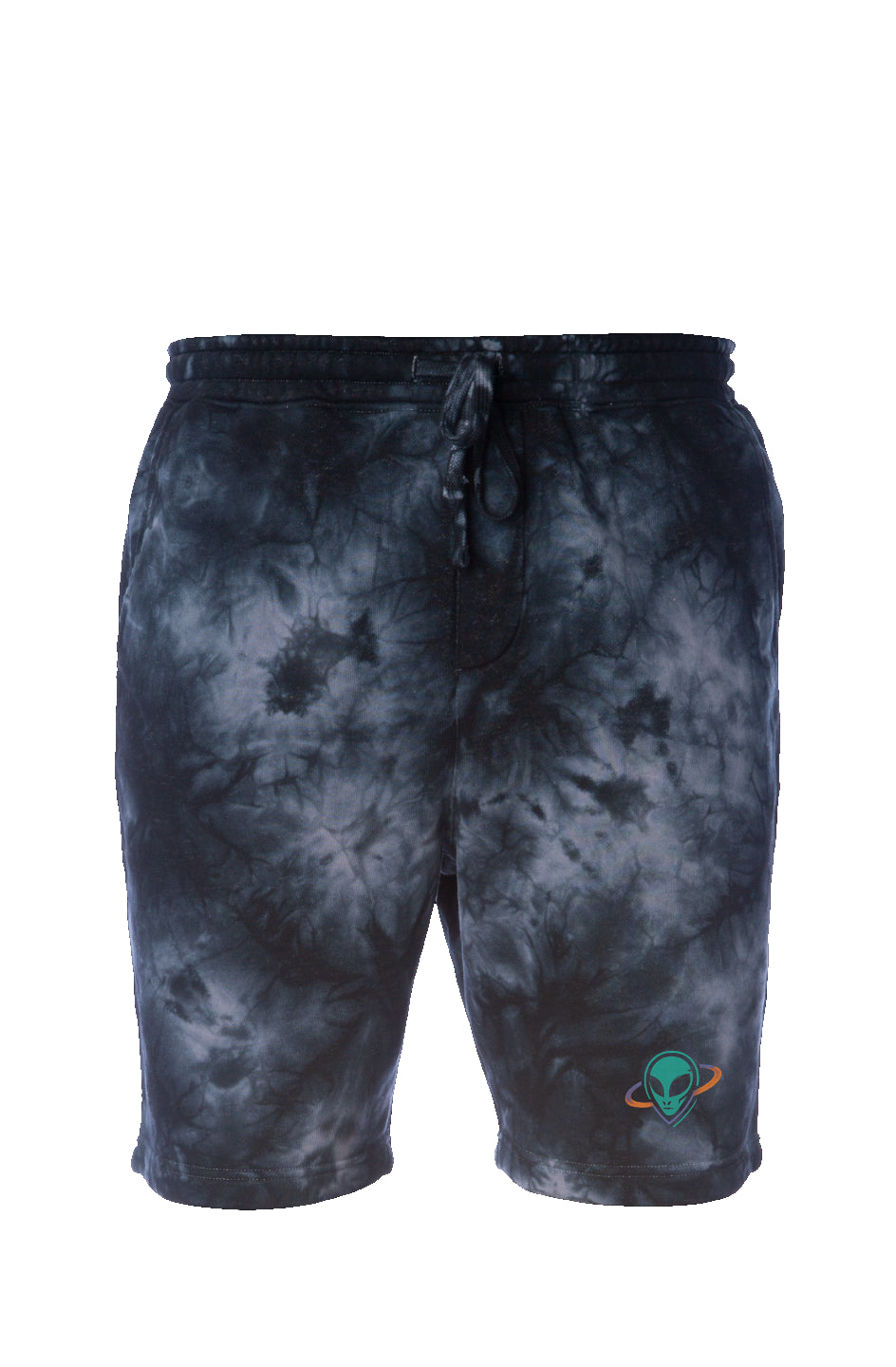 Tie Dye Fleece Jogger Shorts with small alien head in orbit ring on bottom left leg