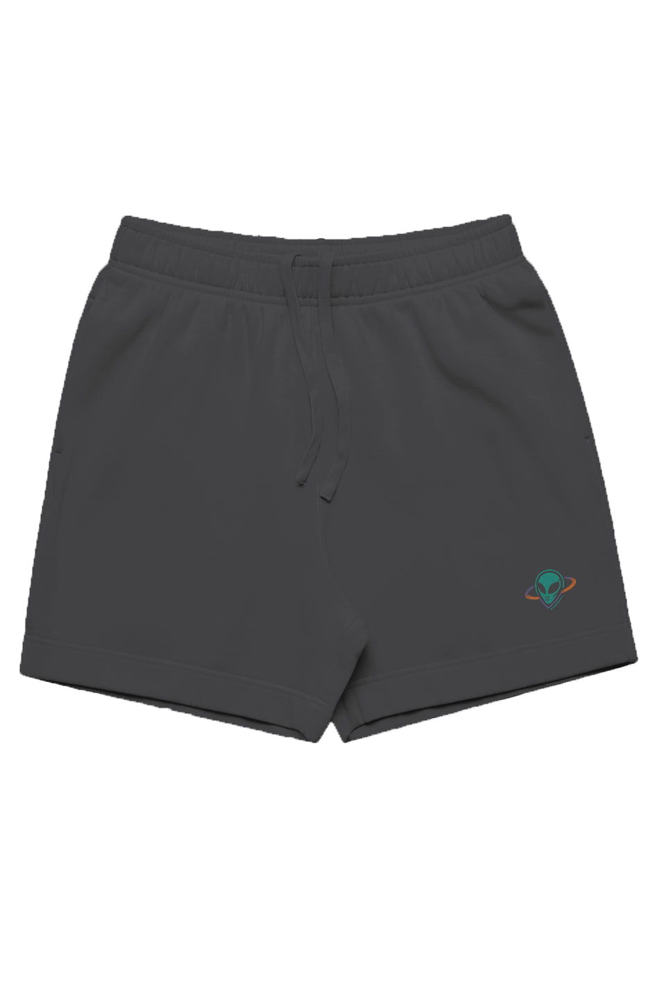 Grey men's track shorts with small alien head in orbit on bottom left leg.