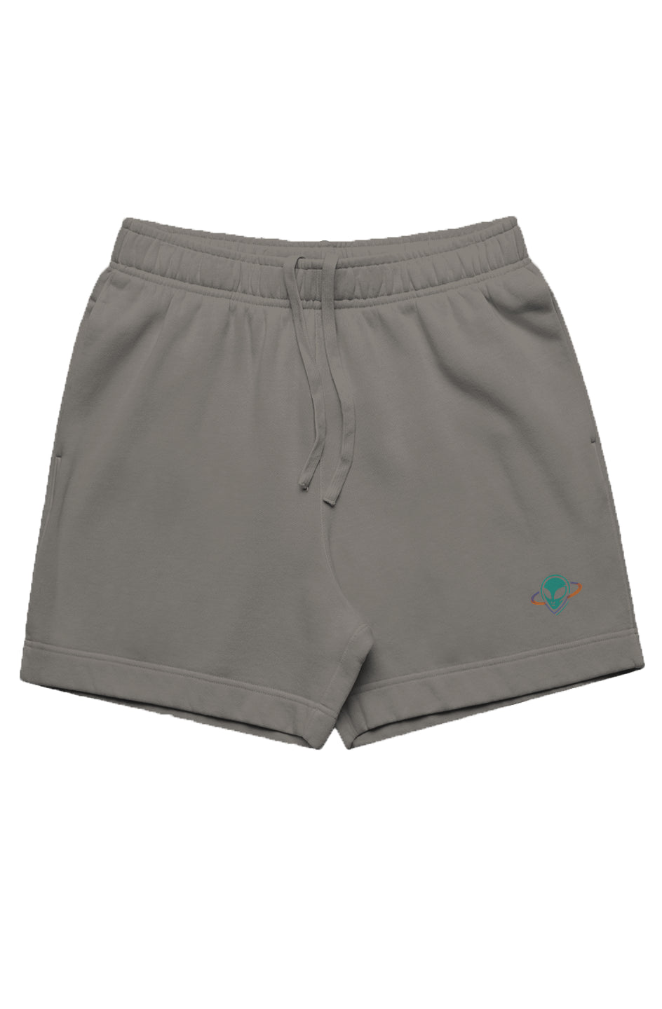 Light grey men's track shorts with small alien head in orbit on bottom left leg.