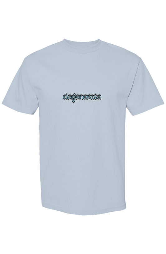 Light blue t-shirt with text ‘degenerate’ against a white background