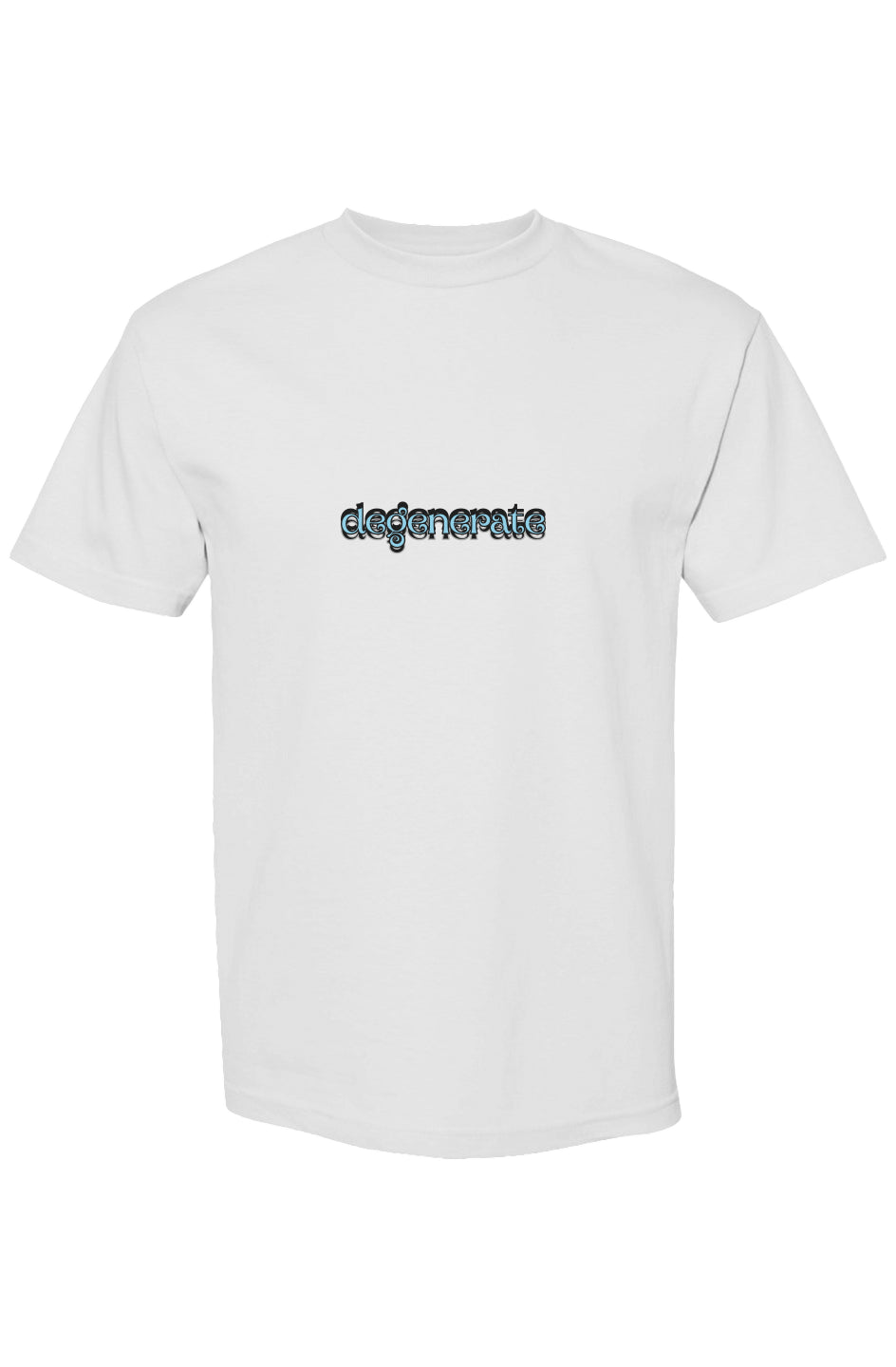 White t-shirt with text ‘degenerate’ on a white background