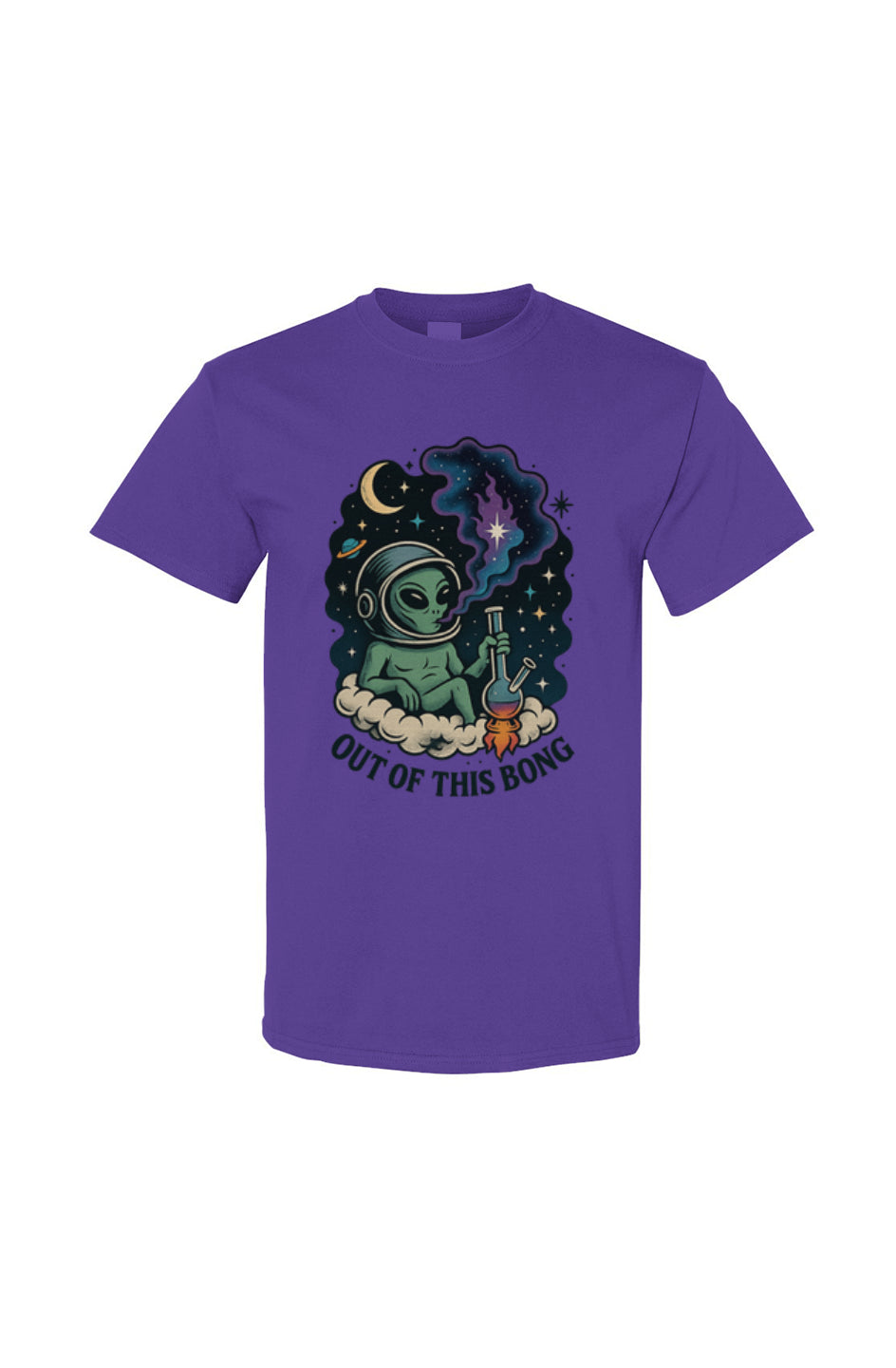Purple t-shirt with an alien and smoking plant graphic and text on a white background