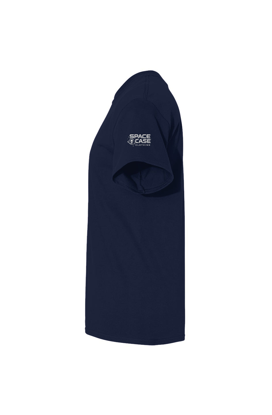 Navy blue t-shirt with 'Space Case' logo on a white background