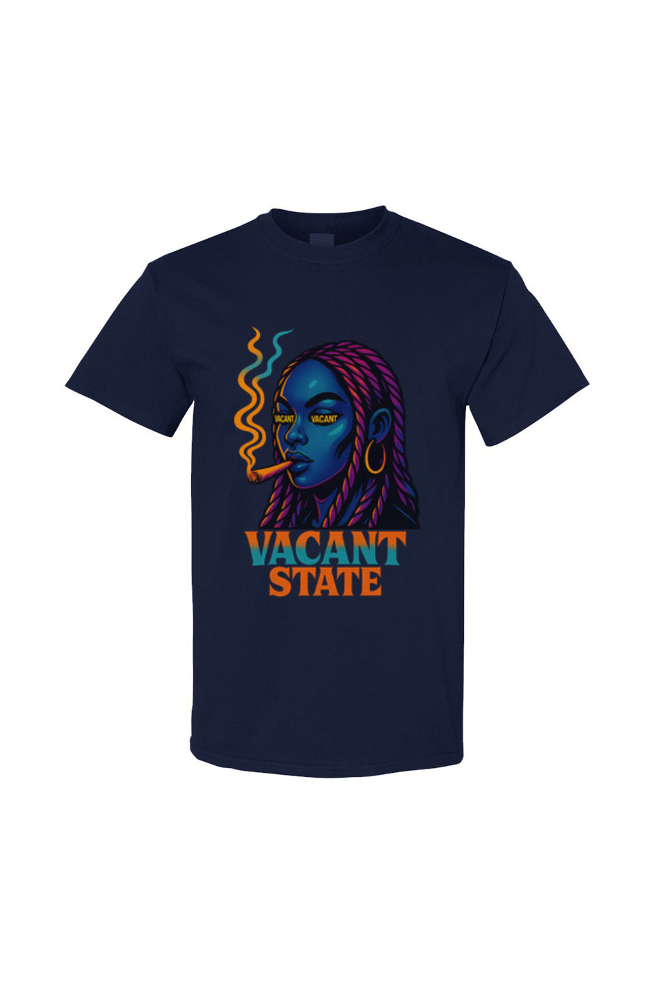 Navy blue t-shirt with colorful graphic and 'Vacant State' text on a white background