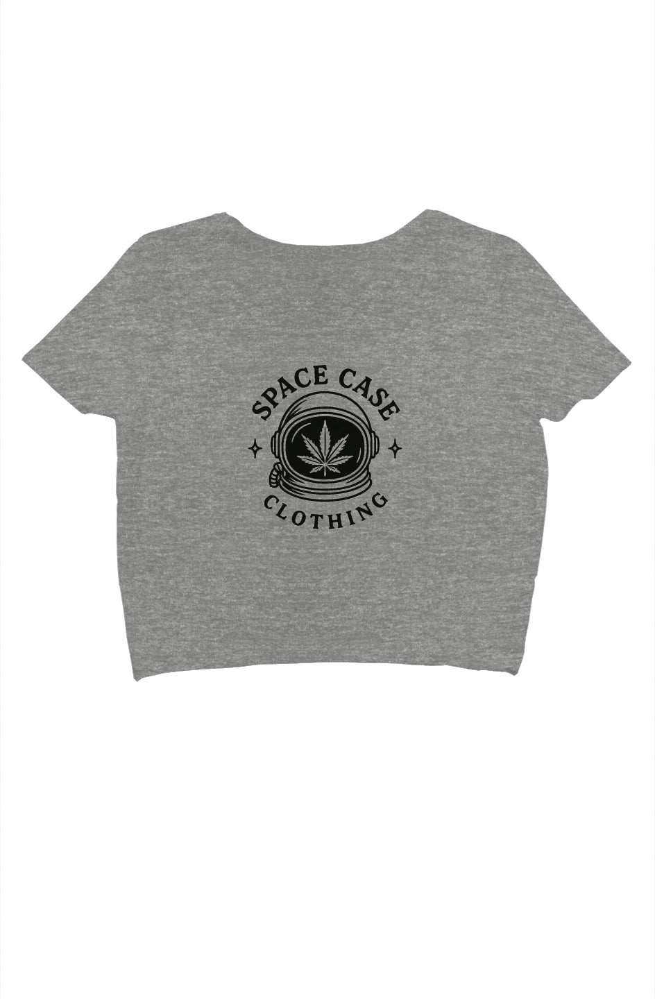 Light grey crop top with cannabis leaf space helmet in center with the text "Space Case Clothing"