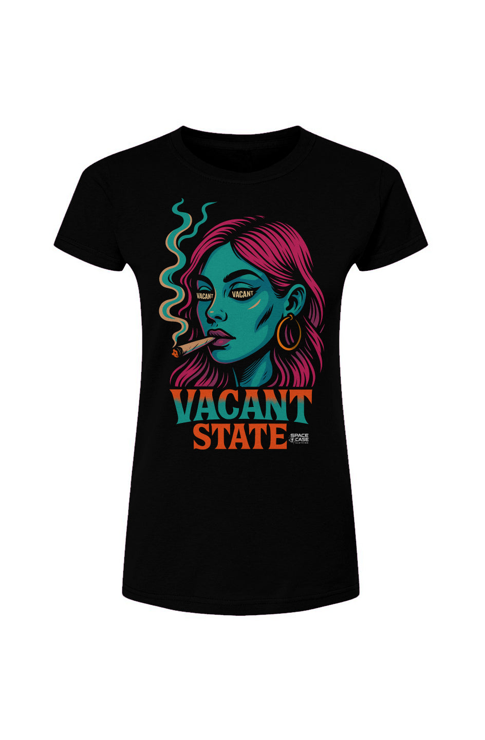 Women's fitted black t-shirt featuring a neon graphic of a woman with pink hair and green skin with the words "Vacant State" underneath.