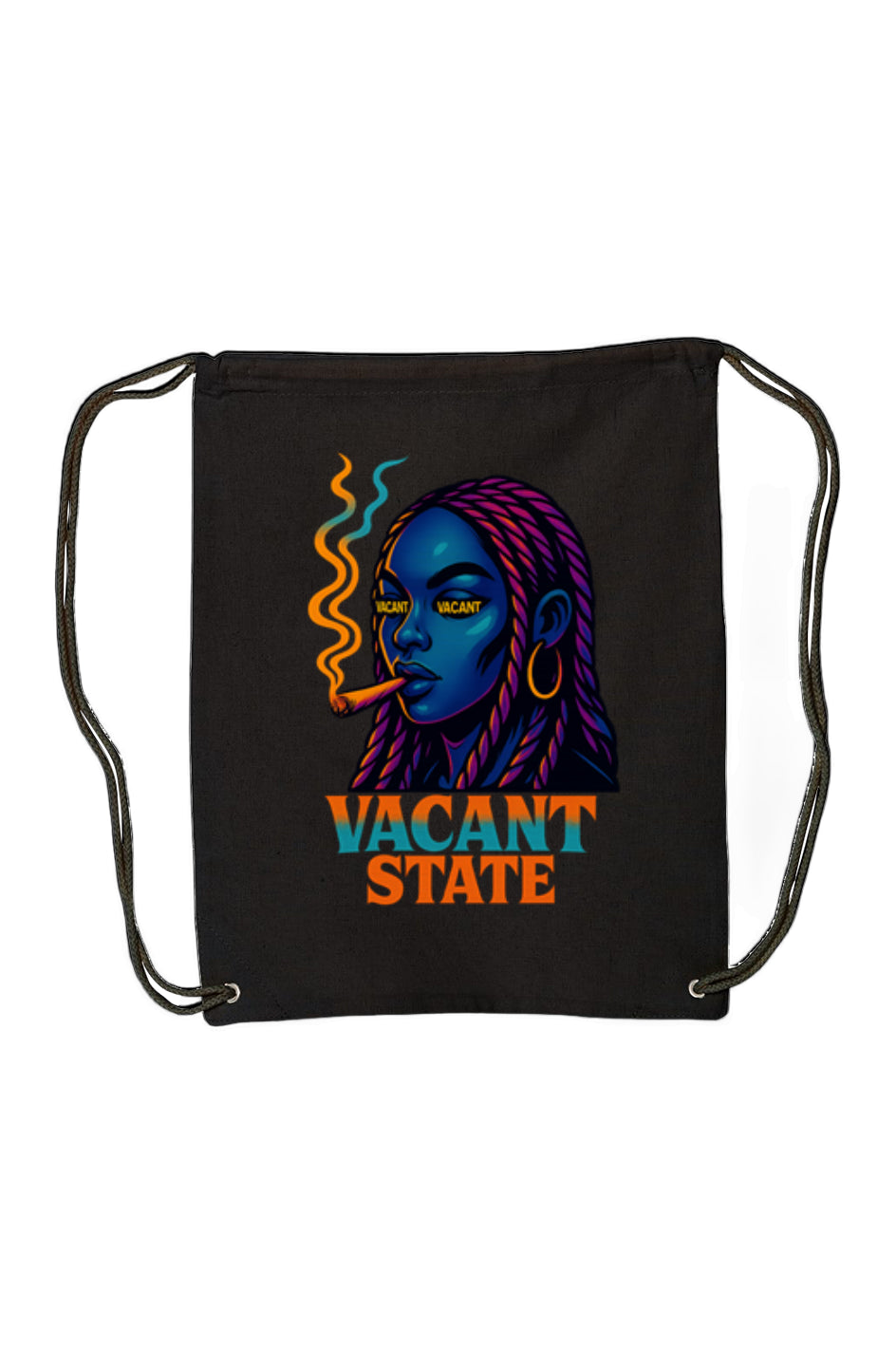 Black Canvas Drawstring Backpack with neon graphic of woman with blue skin and pink braids with text "Vacant State" beneath.
