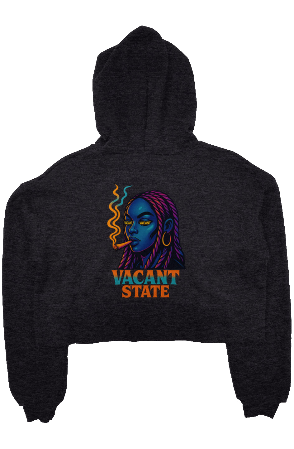 Grey hoodie with a colorful graphic and 'Vacant State' text on a white background