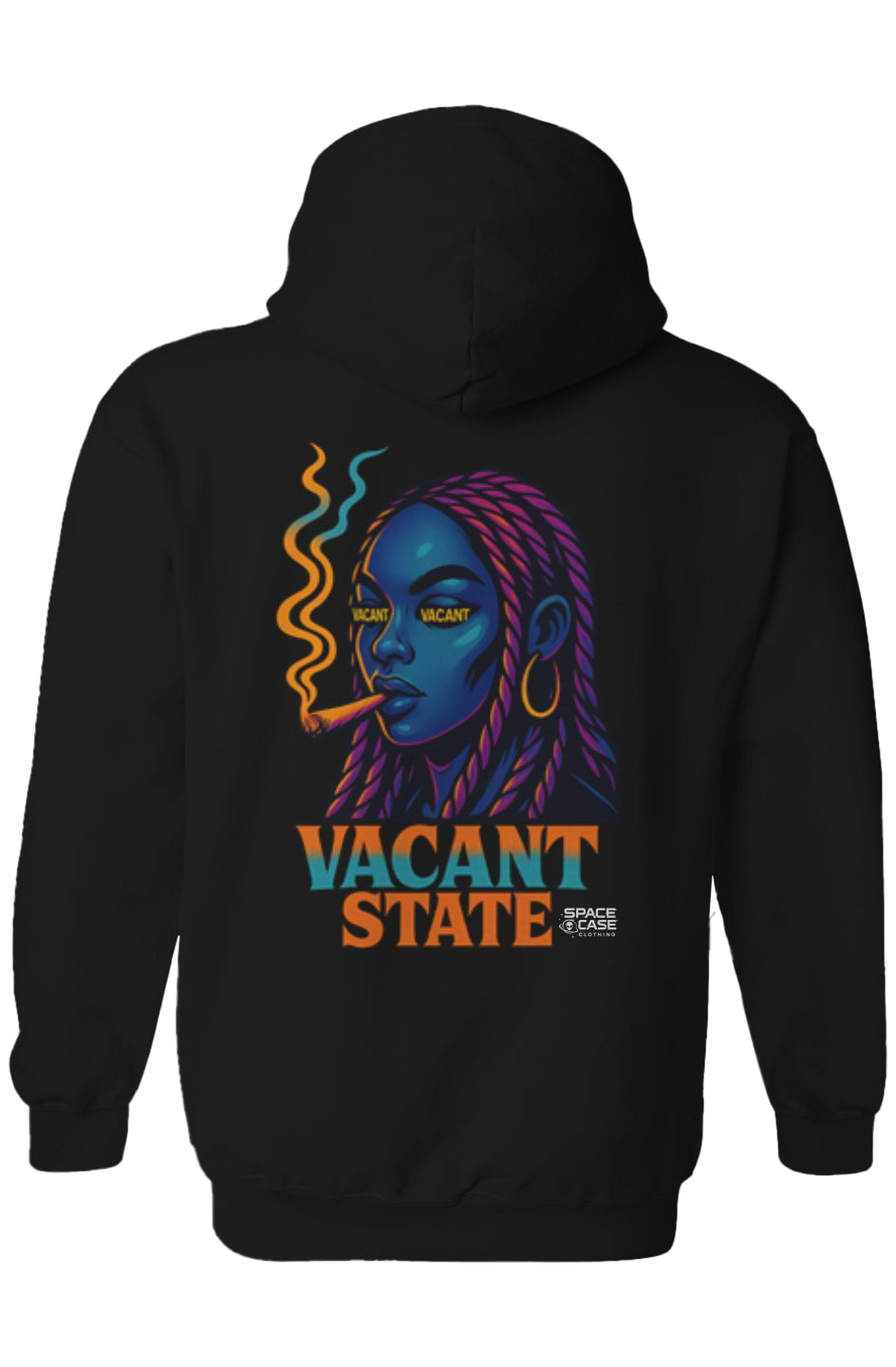 Black hoodie with colorful graphic design on the back featuring a woman smoking a cigarette and the text 'Vacant State'.