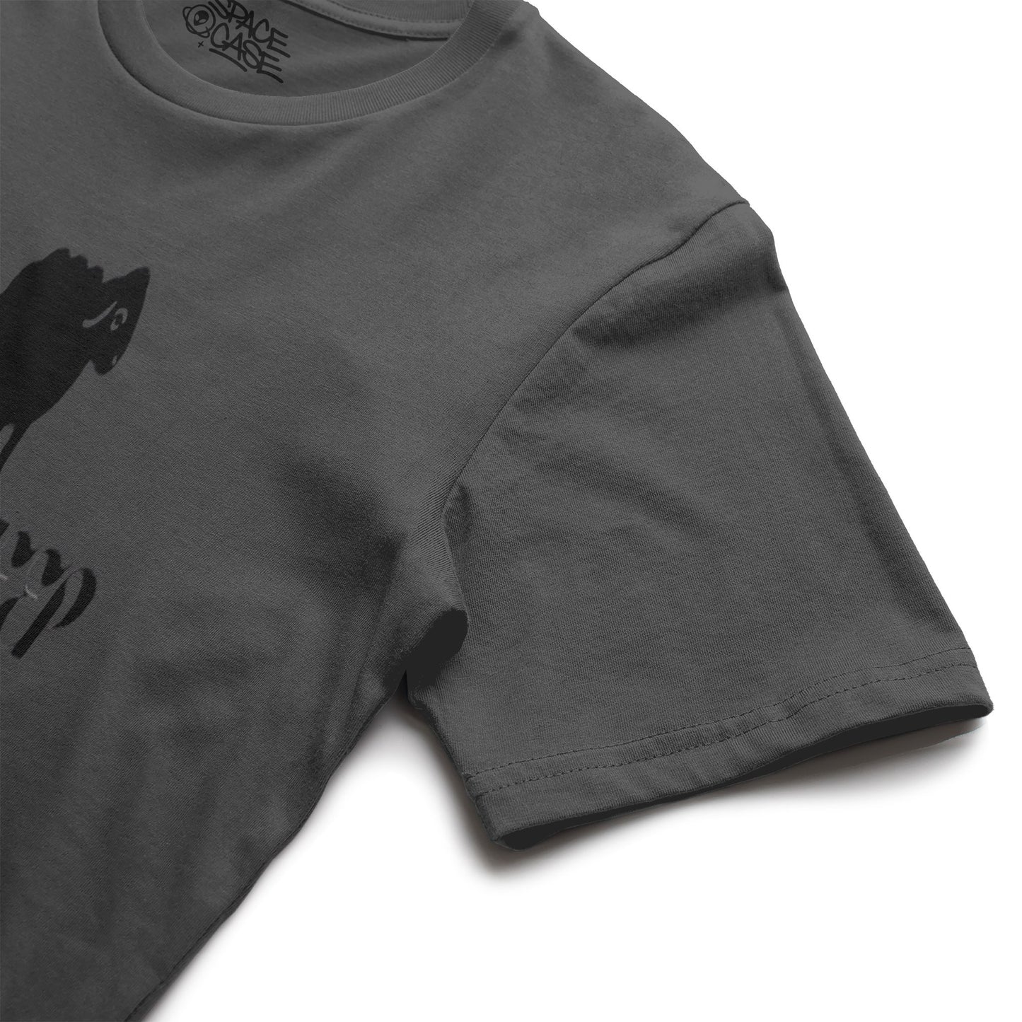 Gray t-shirt with black graphic design on a white background