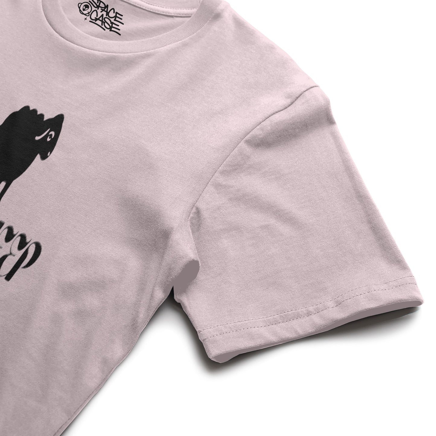 Light pink t-shirt with black graphic design on a white background
