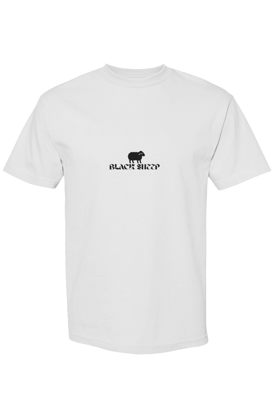 White t-shirt with a black  sheep logo on a white background