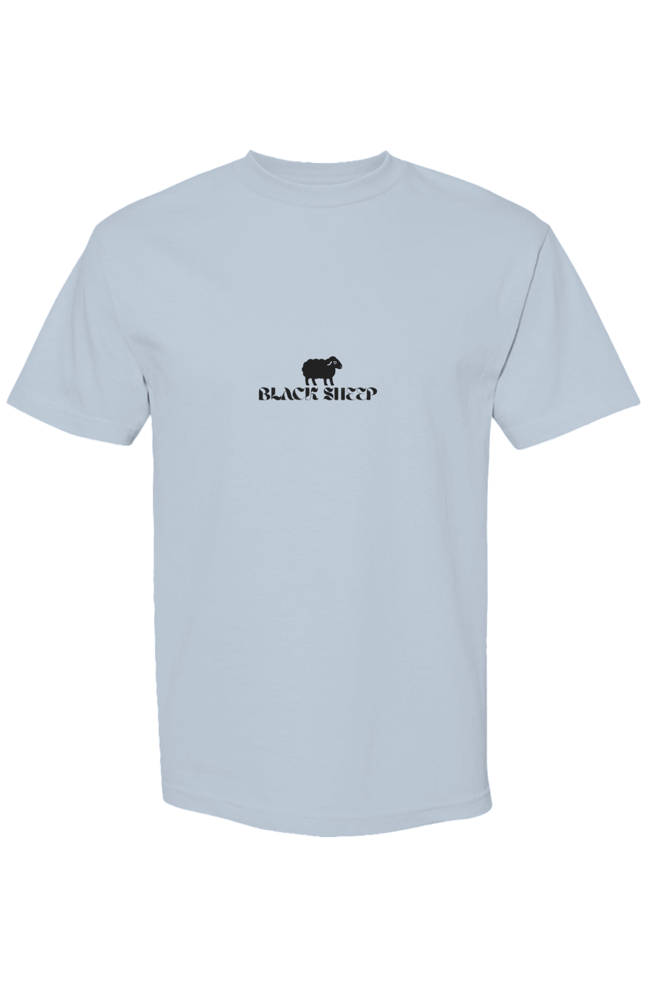 Light blue t-shirt with a black sheep logo and text on a white background
