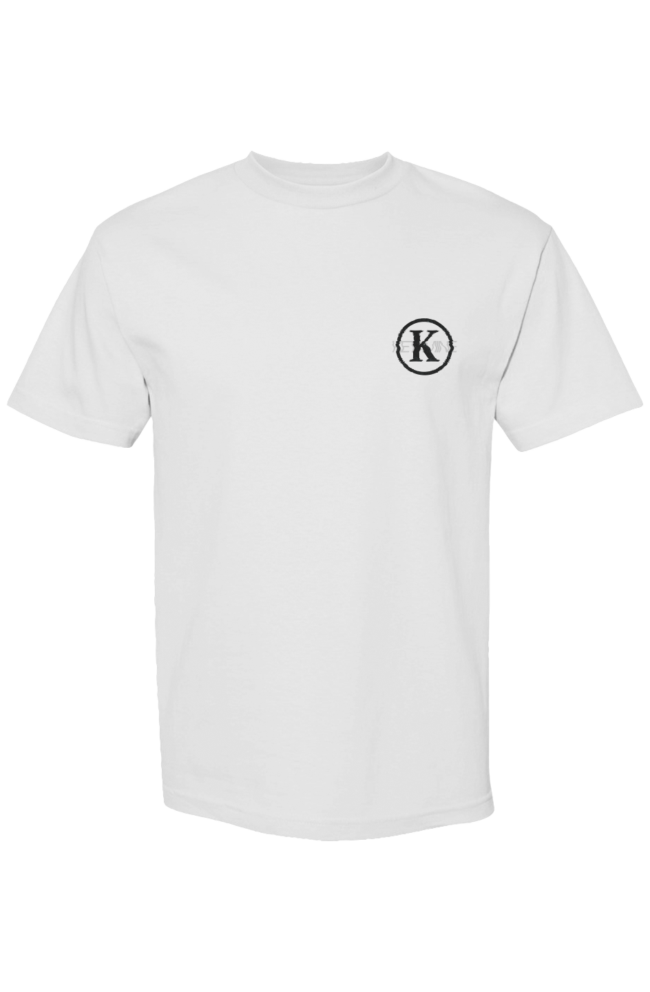 White t-shirt with a black logo on the chest against a white background