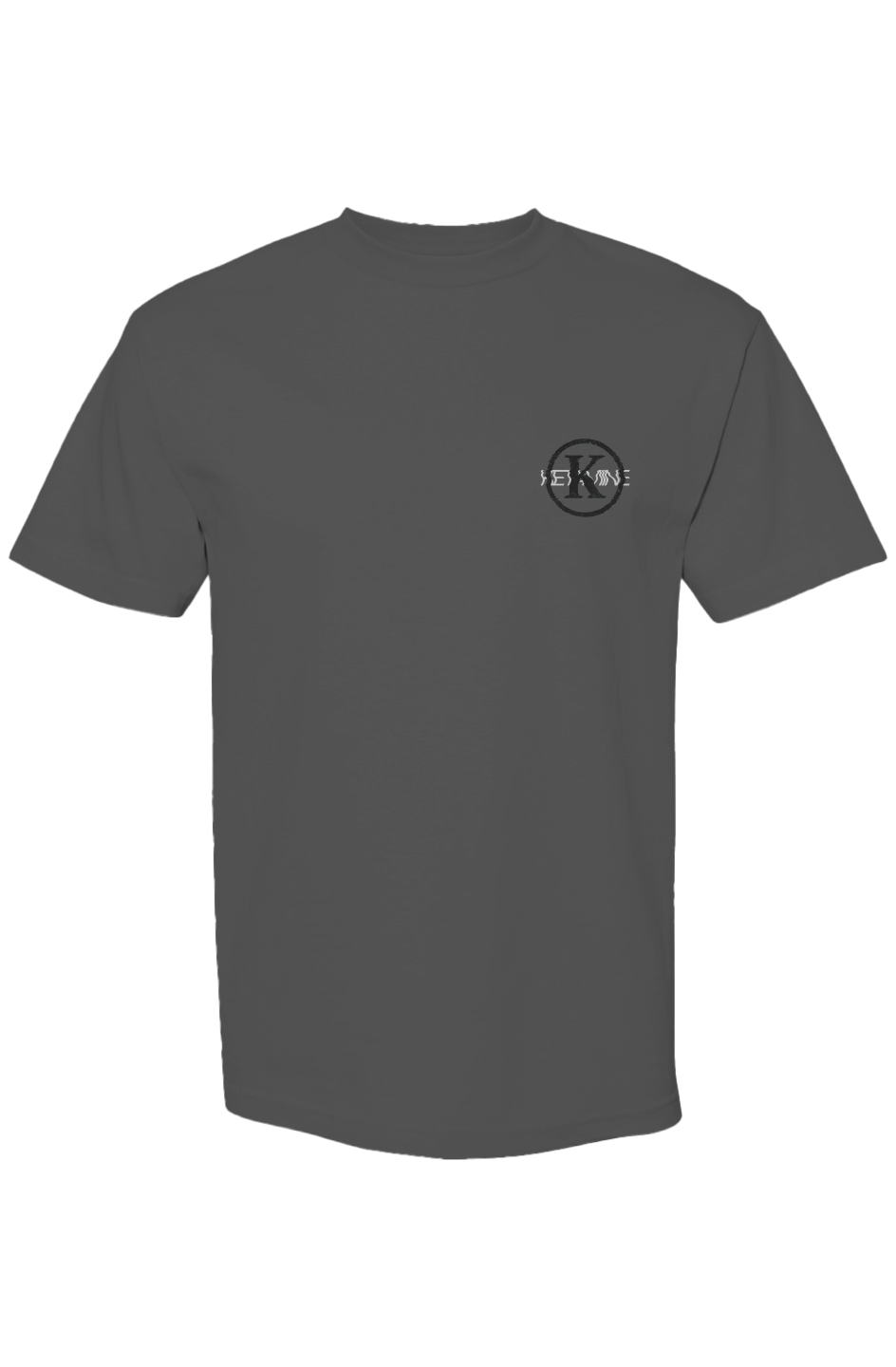 Gray t-shirt with a small logo on the chest against a white background