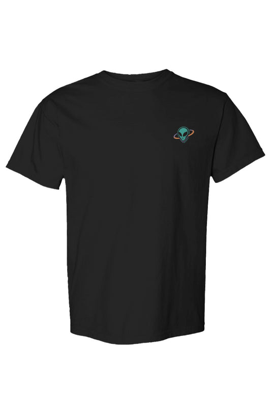 Black t-shirt with a small alien head in orbit ring logo on the chest against a white background