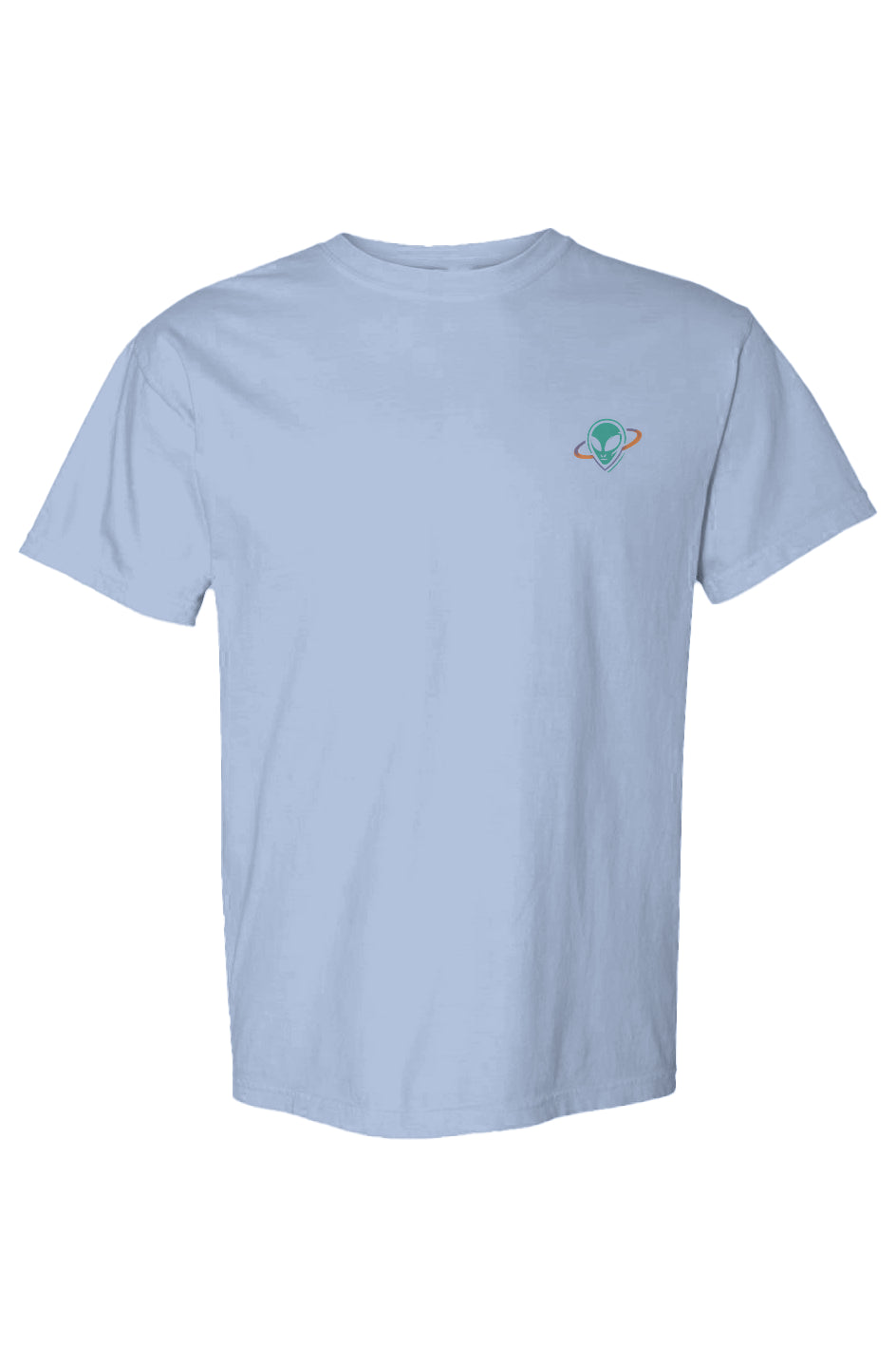 Light blue t-shirt with a small alien head in orbit ring logo graphic on the chest against a white background