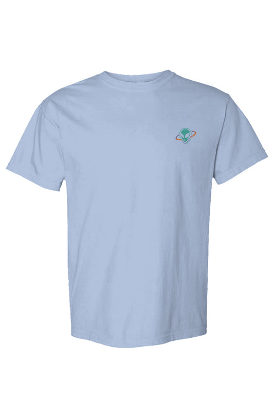 Light blue t-shirt with a small alien head in orbit ring logo graphic on the chest against a white background