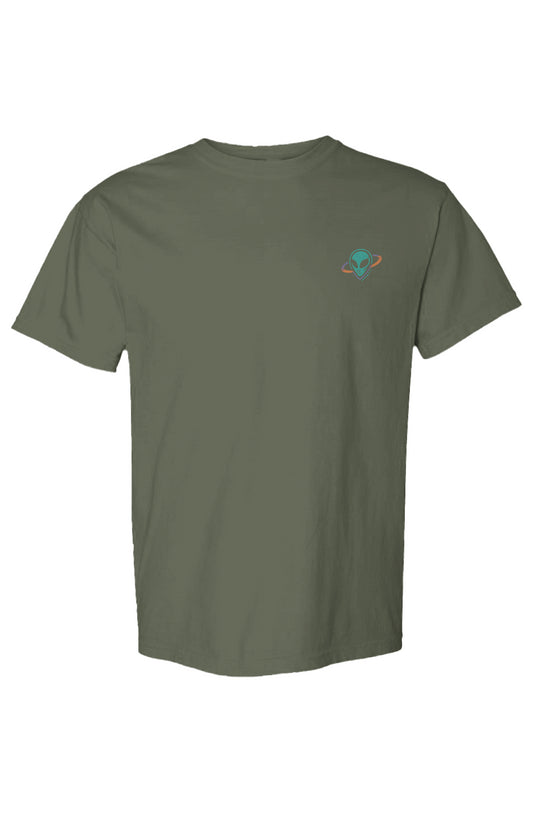 Green t-shirt with a small alien head in orbit ring logo on the chest against a white background