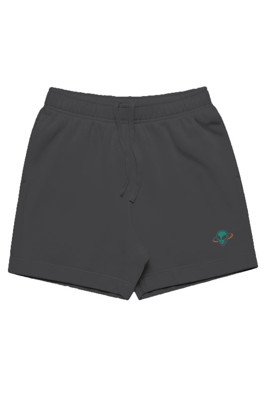 Grey men's track shorts with small alien head in orbit on bottom left leg.