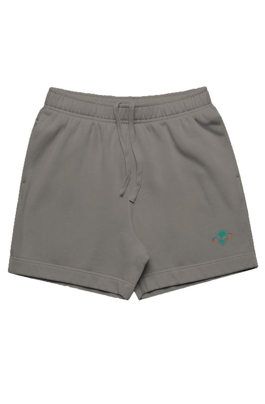 Light grey men's track shorts with small alien head in orbit on bottom left leg.