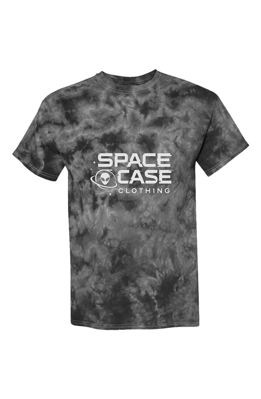Grey tie dye men's t-shirt with text "Space Case Clothing" in the center with alien in orbit logo.