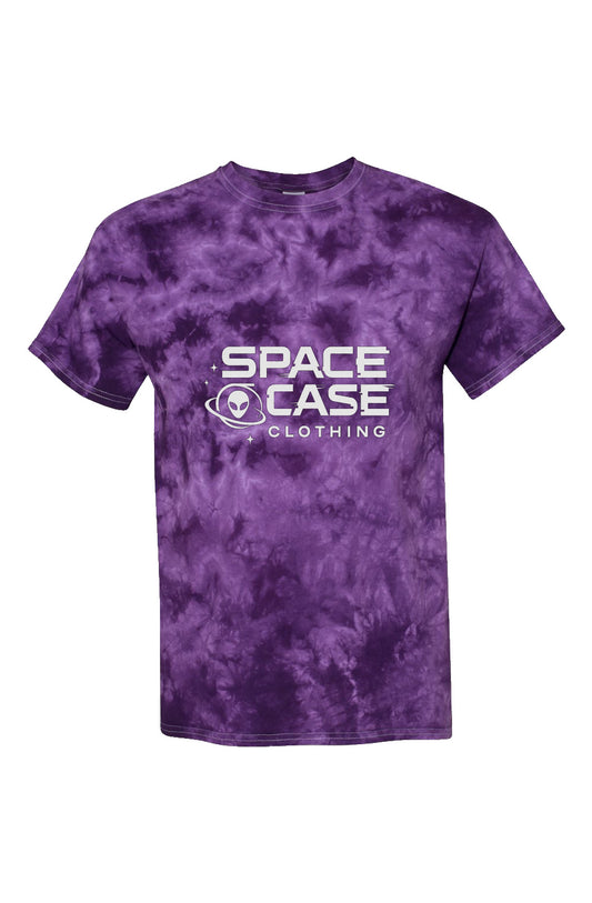 Purple tie dye men's t-shirt with text "Space Case Clothing" in the center with alien in orbit logo.