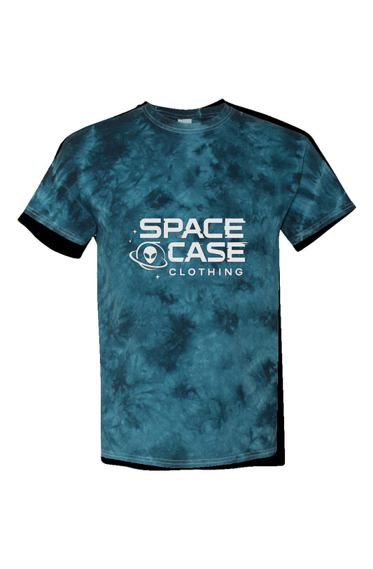 Teal tie dye men's t-shirt with text "Space Case Clothing" in the center with alien in orbit logo.