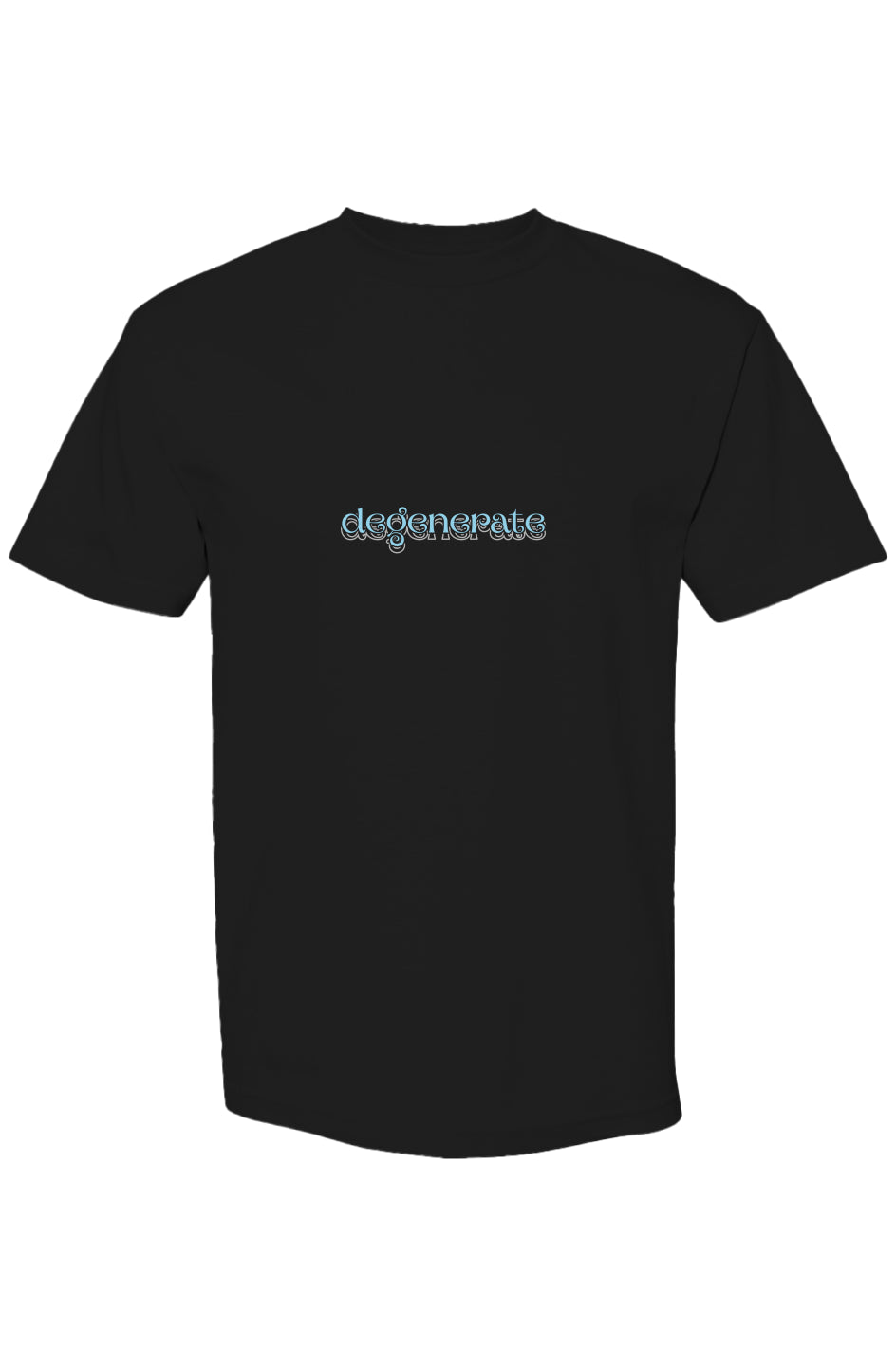 Black t-shirt with 'degenerate' text on a white background