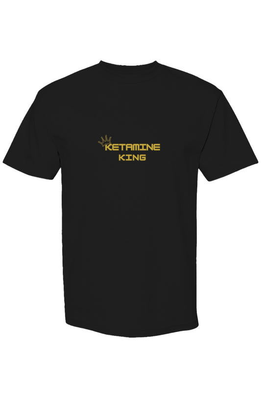 Black t-shirt with 'Ketamine King' text in yellow on a white background