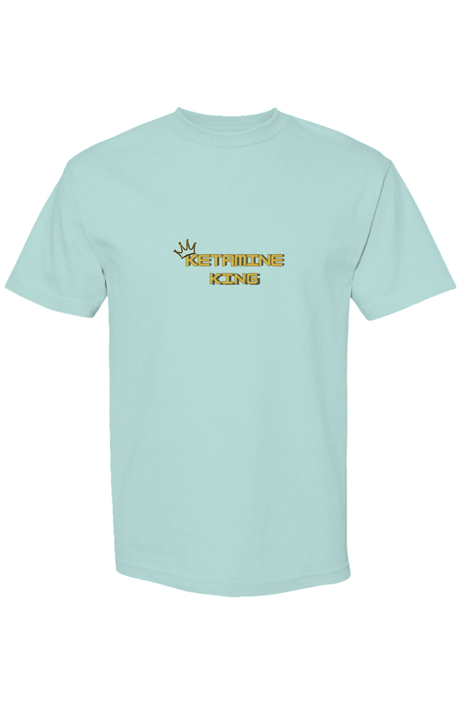 Light blue t-shirt with yellow text and logo on a white background