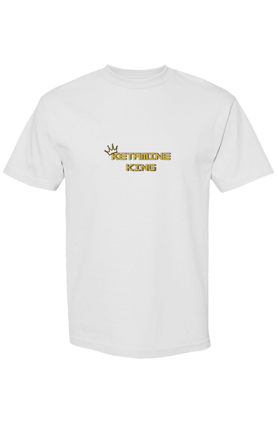 White t-shirt with yellow text and logo on a white background