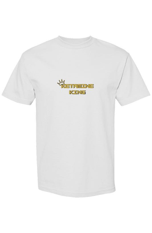 White t-shirt with yellow text and logo on a white background