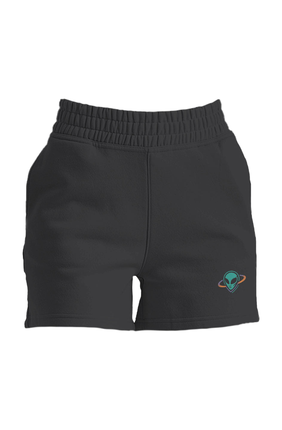 Black shorts with a small alien head in orbit ring logo on a white background
