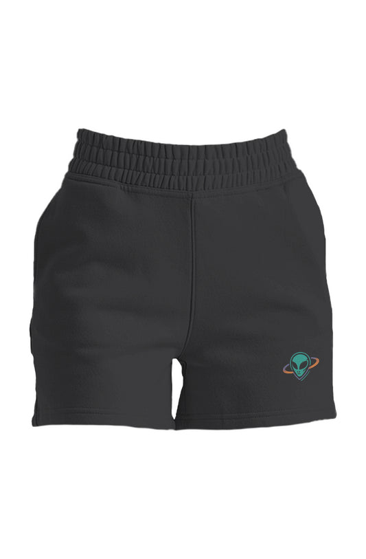 Black shorts with a small alien head in orbit ring logo on a white background