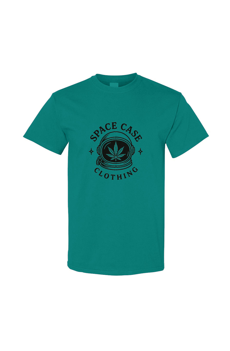 Teal t-shirt with 'Space Case Clothing' logo on a white background
