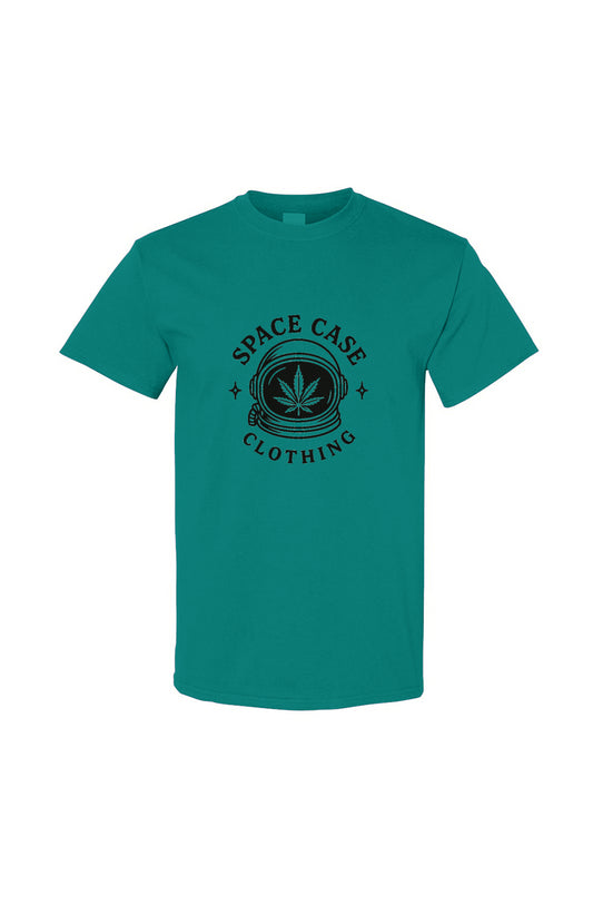 Teal t-shirt with 'Space Case Clothing' logo on a white background