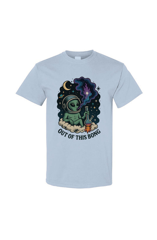 Light blue t-shirt with an alien smoking a pipe graphic and text 'Out of This Bong' on a white background.