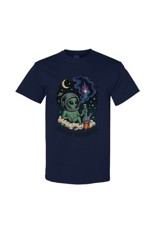 Navy blue t-shirt with alien smoking a pipe graphic on a white background