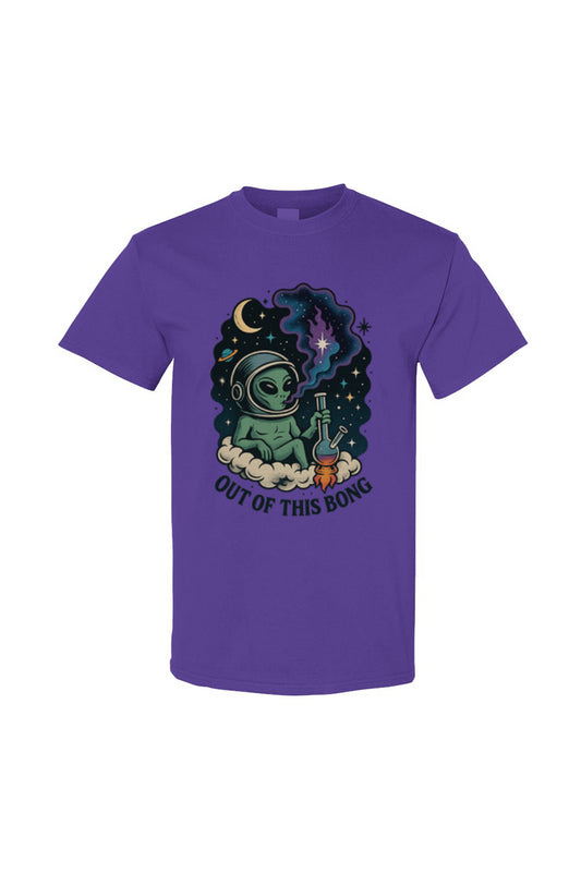 Purple t-shirt with an alien and smoking plant graphic and text on a white background