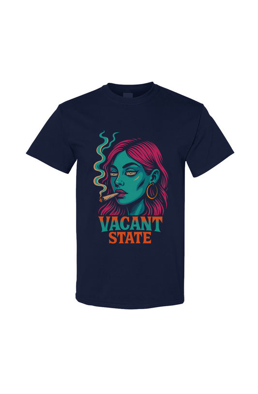 Navy blue t-shirt with colorful graphic design and 'Vacant State' text on a white background