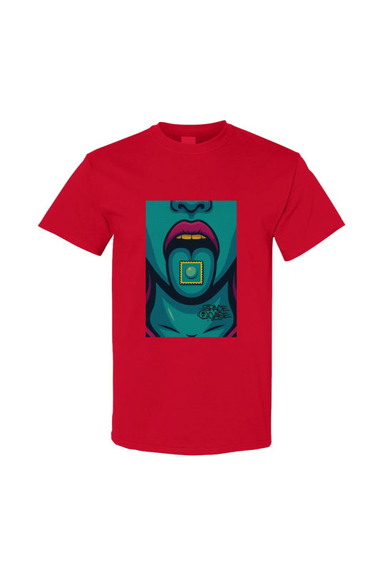 Red t-shirt with a colorful graphic design on a white background