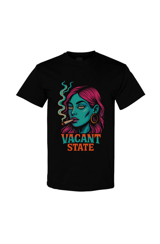 Black t-shirt with a colorful graphic of a woman's face and 'Vacant State' text on a white background