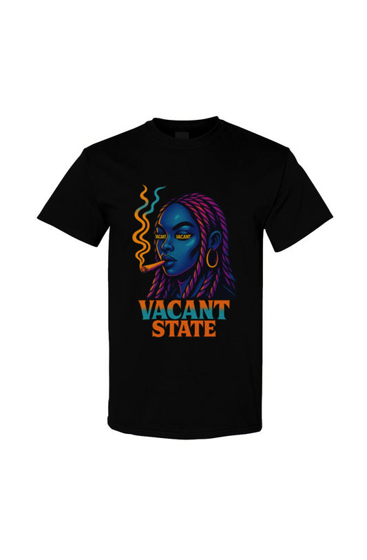 Black t-shirt with colorful graphic and 'Vacant State' text on a white background