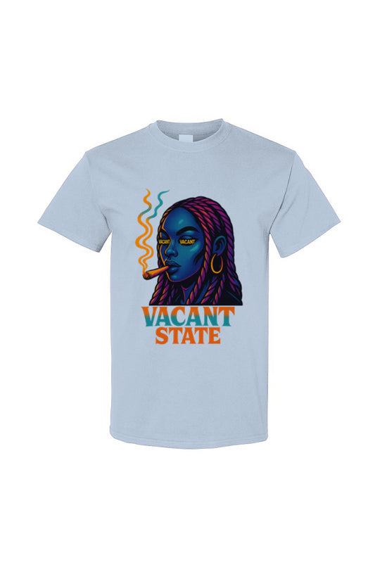 Light blue t-shirt with a colorful graphic and 'Vacant State' text on a white background