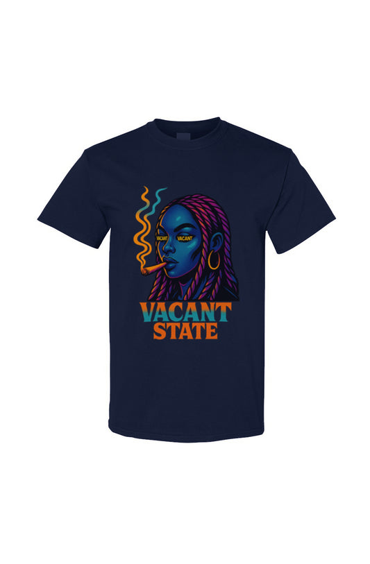 Navy blue t-shirt with colorful graphic and 'Vacant State' text on a white background