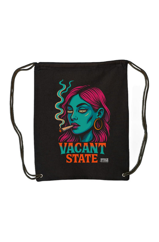 Black Canvas Drawstring Backpack with neon graphic of a woman with pink hair and green skin with the text "Vacant State" beneath.