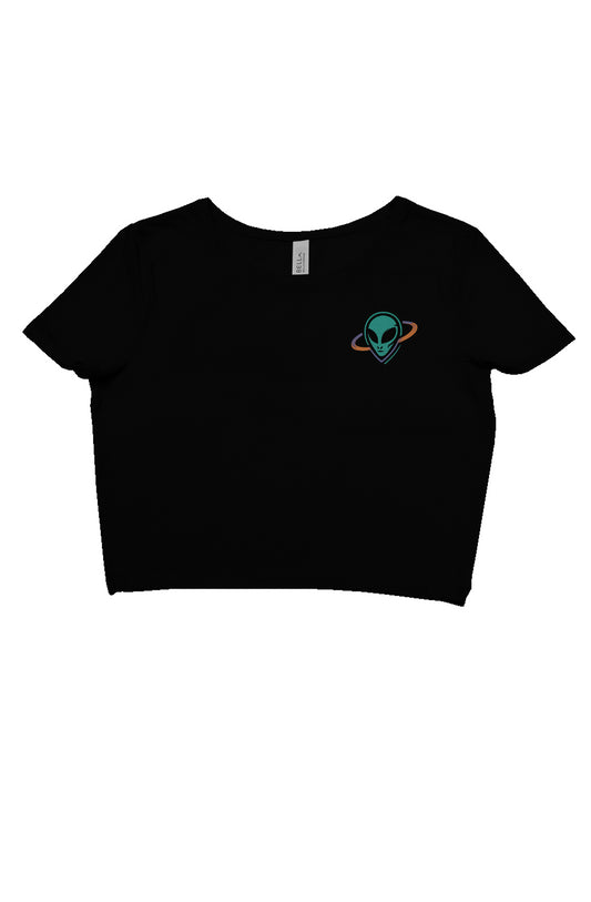 Black crop top with small alien head in orbit ring on upper left chest.